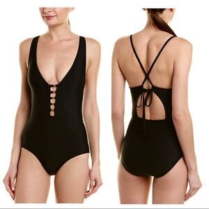 NEW Athena V-Neck Maillot‎ strappy Beads One Piece Swimsuit Sz 10 Black